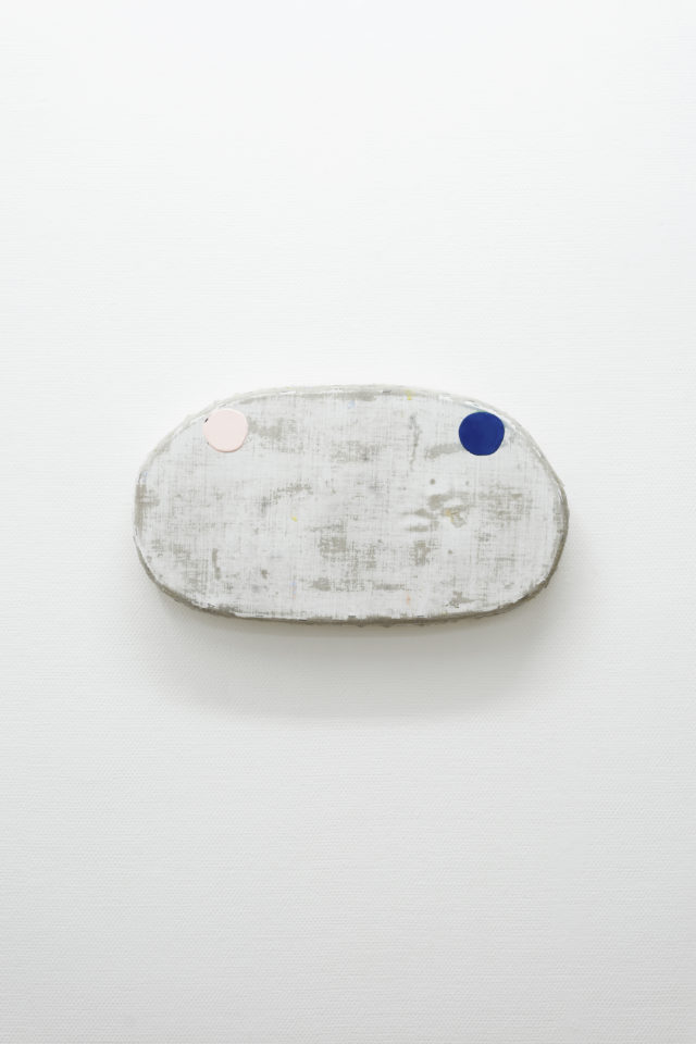 Otis Jones - White Shape with 2 Circles, One Pink, 2017, acrylic on linen on wood, 13 3/4” x 24 1/4” x 3”