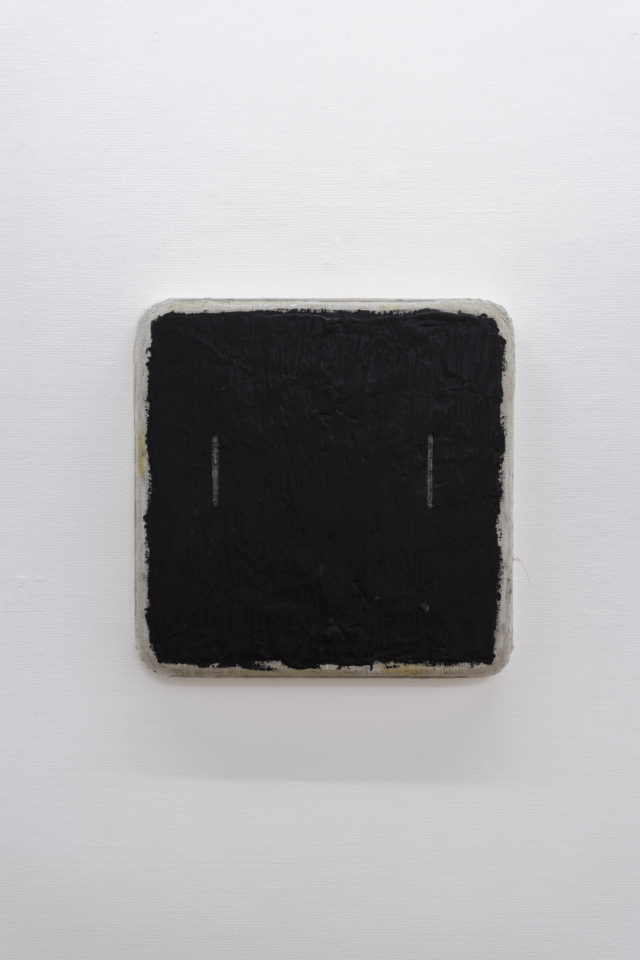 Otis Jones - Black with 2 Chiseled Lines, 2017, acrylic on linen on wood, / 24” x 24” x 3.5”