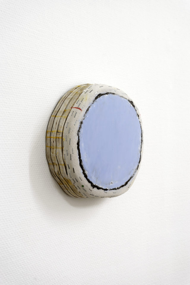 Otis Jones - Blue Circle with 2 Red Lines, acrylic on canvas on wood, / 11 1⁄4” x 11 1⁄4” x 3”