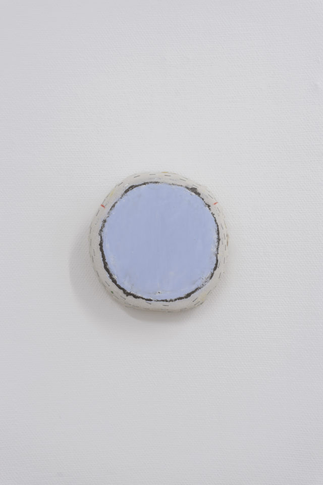 Otis Jones - Blue Circle with 2 Red Lines, acrylic on canvas on wood, / 11 1⁄4” x 11 1⁄4” x 3”