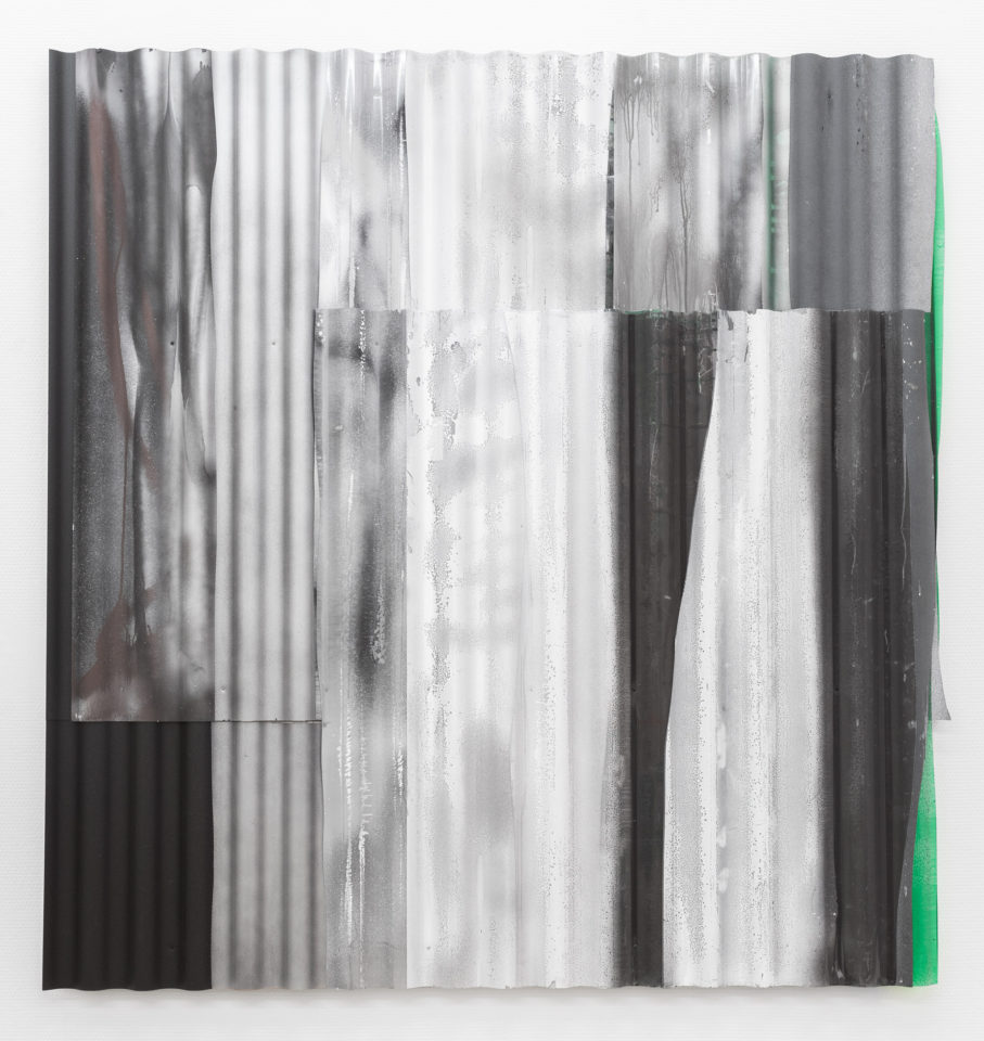 1. Nils Bleibtreu - Slowemotion, 2018, Car paint, metal and polyester screwed on aluminium profiles, 138,5 cm x 132,5 cm,