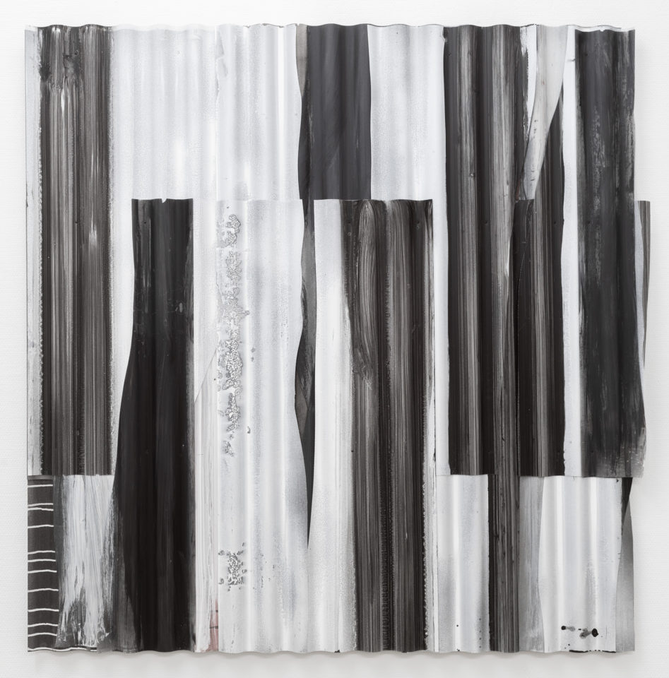 2. Nils Bleibtreu - About Aquatic Ape Theor y, 2018, Car paint, metal and polyester screwed on aluminium profiles, 138,5 cm x 139 cm,