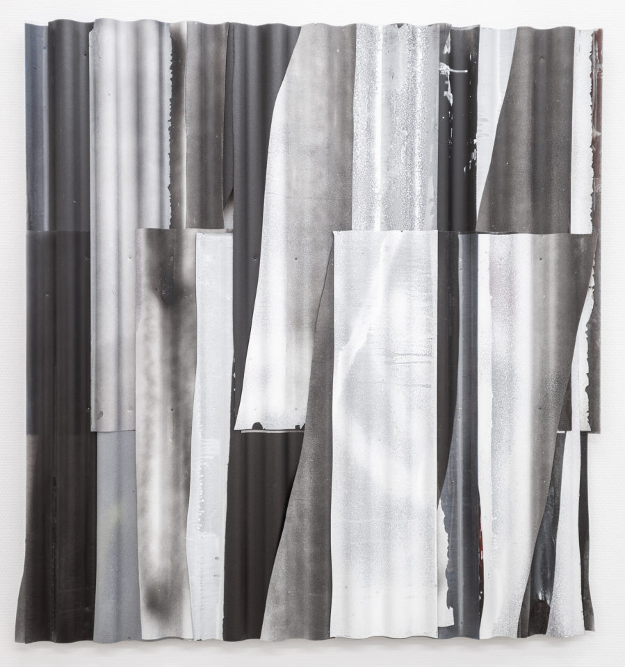 5. Nils Bleibtreu - JR, NO!, 2018, Car paint, metal and polyester screwed on aluminium profiles, 113 cm x 106 cm