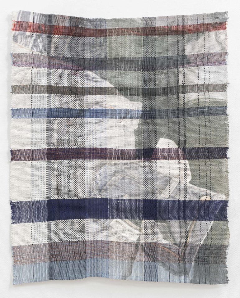 2. Marie Hazard - De Nimes, 2018, hand-woven in paper, linen, lurex, mohair, digital print sublimation, 96 x 119 cm,