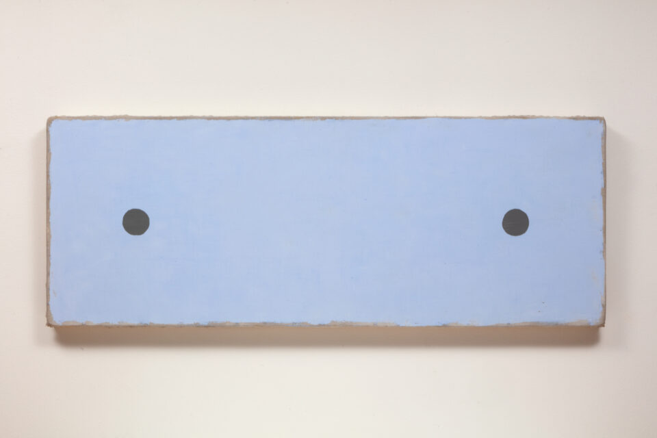2. Otis Jones - 2 Grey Circles Far Apart, 2019 - Acrylic on linen on wood, - 30” x 80” x 3 3⁄4” - 76.2 CM. x 203.2 CM. x 9.5 CM