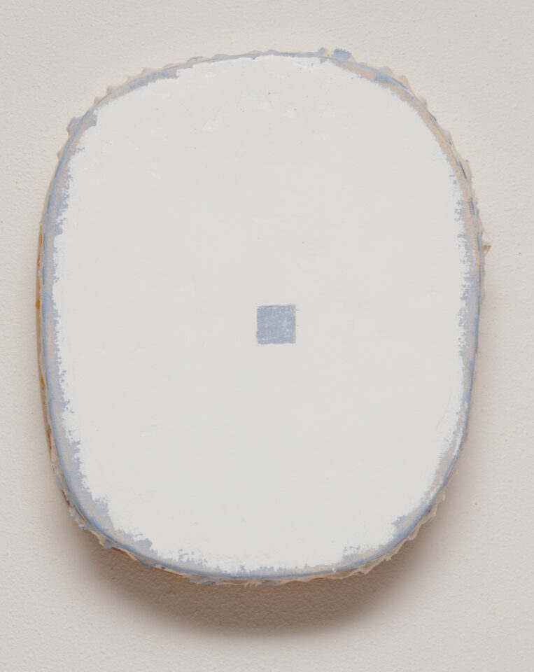 5. Otis Jones - White with Blue-Grey Square, 2019 - Acrylic on canvas on wood, 14 1⁄2” x 12 1⁄8” x 3” 36.8 CM. x 30.8 CM. x 7.6 CM.