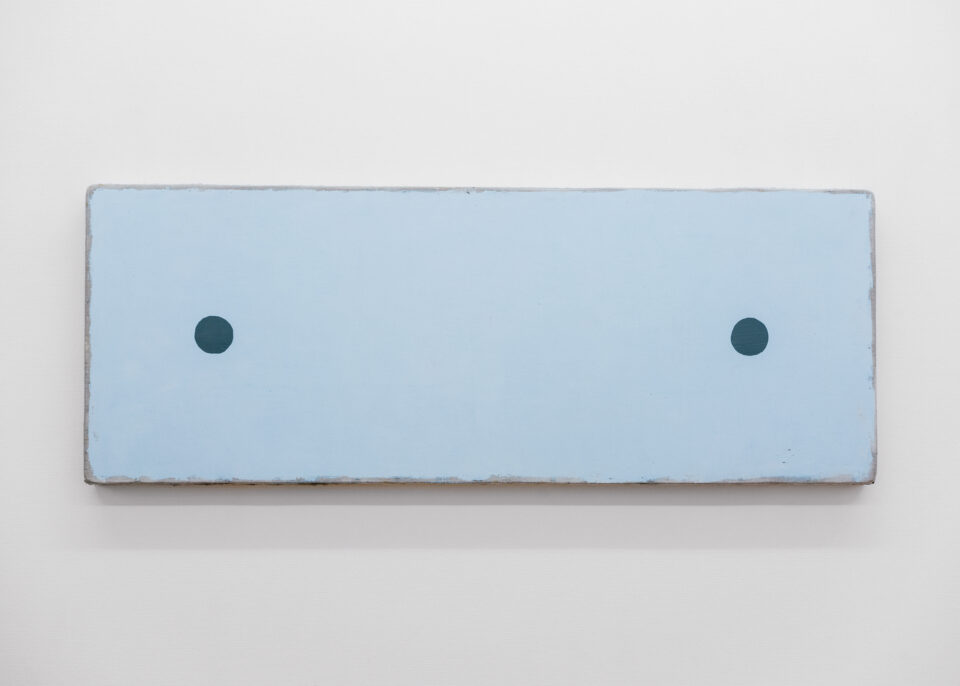 2. Otis Jones – 2 Grey Circles Far Apart, 2019 – Acrylic on linen on wood, – 30” x 80” x 3 3⁄4” — 76.2 CM. x 203.2 CM. x 9.5 CM