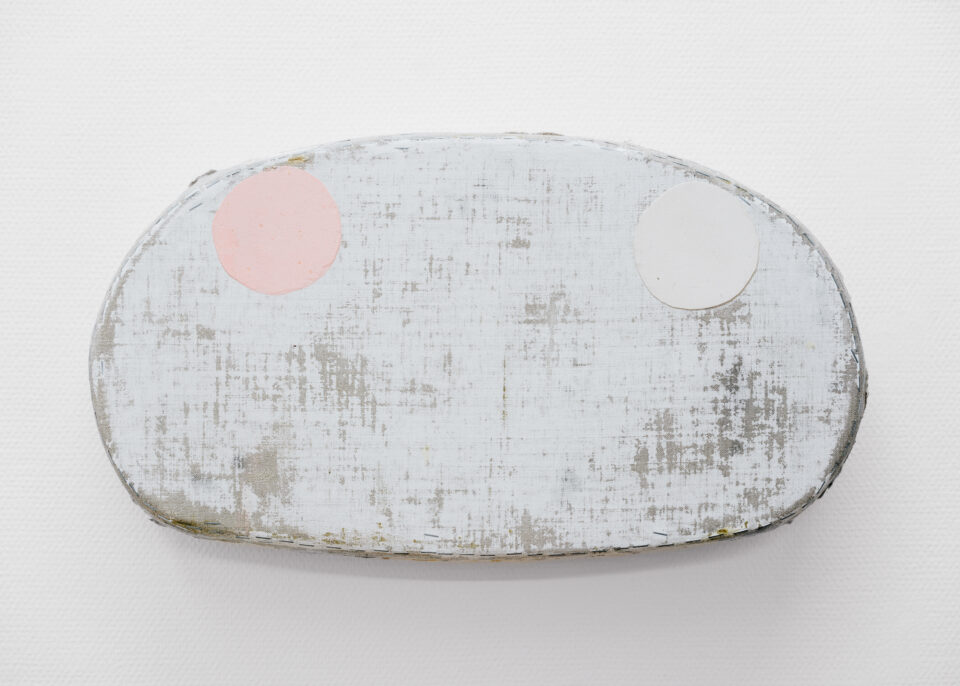 6. Otis Jones – White with Pink and White Circle, 2019 – Acrylic on linen on wood, 13” x 24” x 3 3⁄4” – 33 CM. x 61 CM. x 9.5 CM.