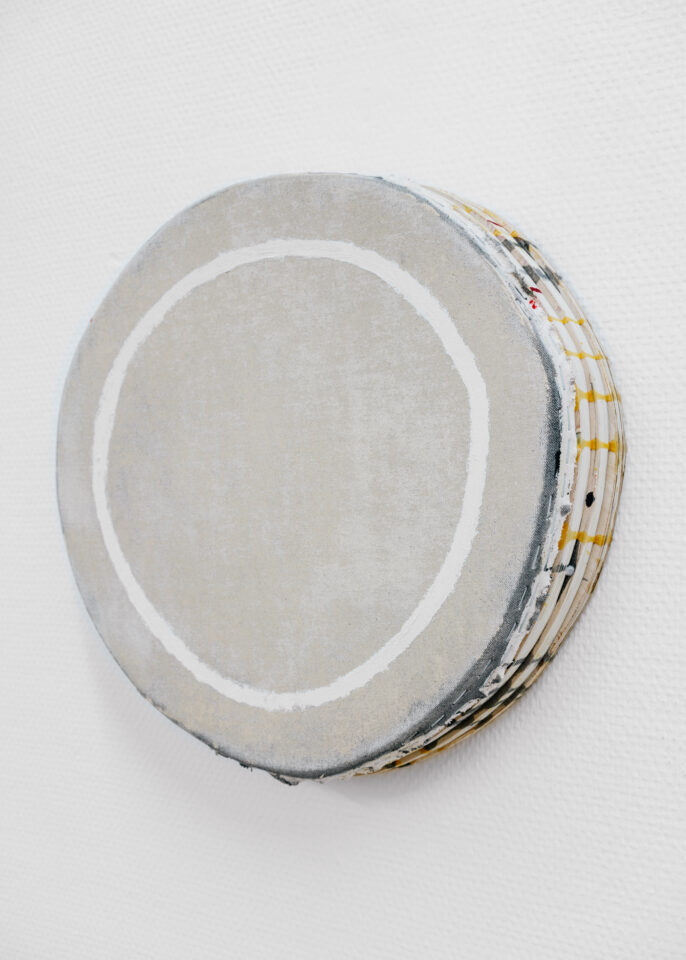 7. Otis Jones – Tan with Ivory Circle, 2019 – Acrylic on canvas on wood, 14 1⁄4” x 14 1⁄2” x 3” — 36.2 CM. x 36.8 CM. x 7.6 CM.