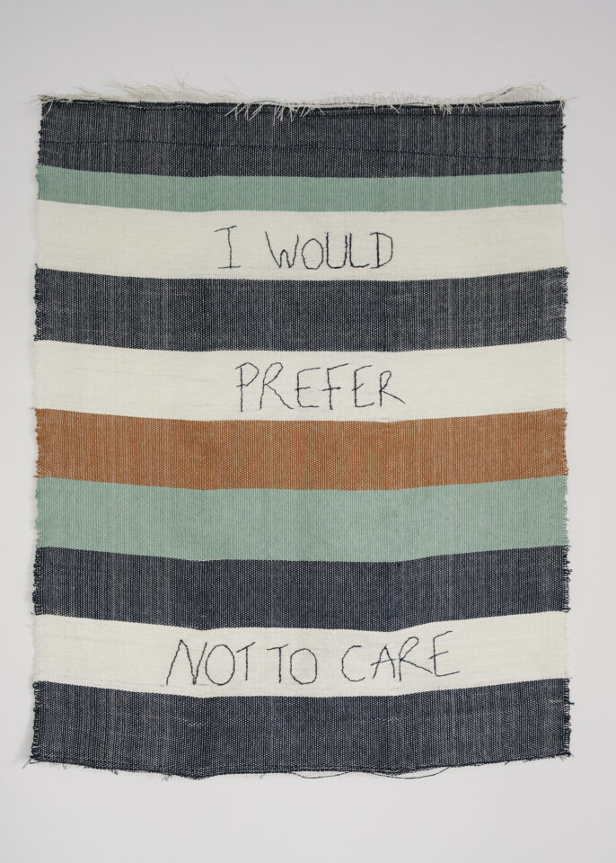 5. Marie Hazard - < I would prefer not to care >> 2021 - hand woven in paper, linen and hand embroidered with linen. Unique 93x130 cm
