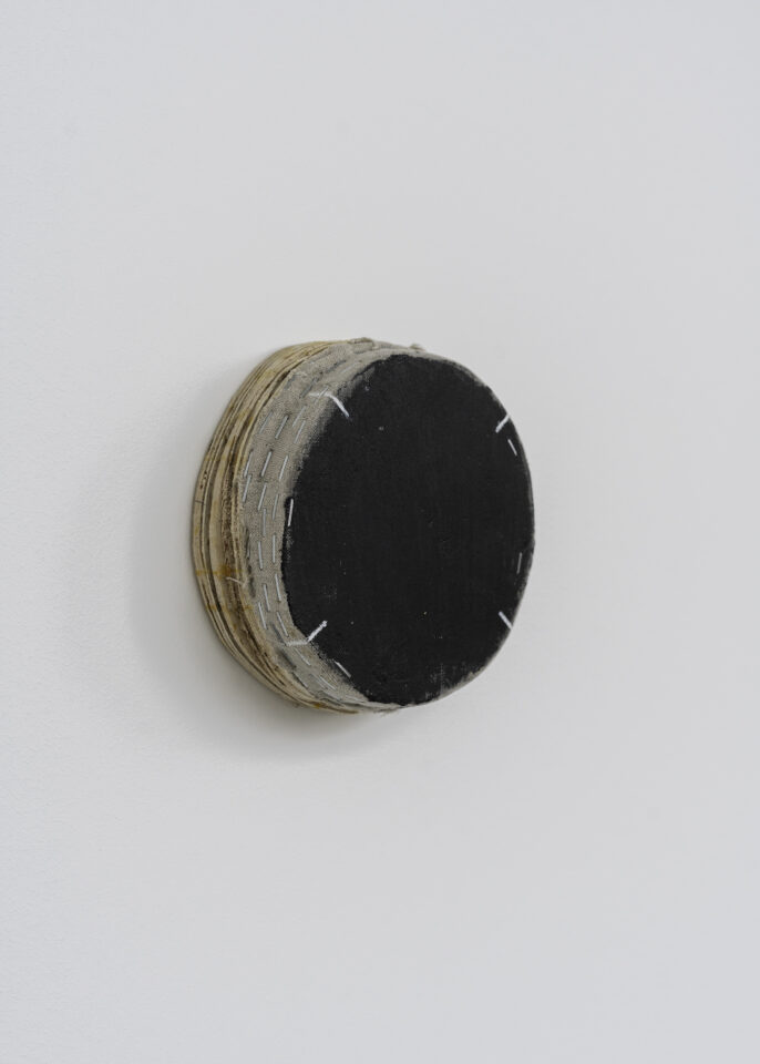 Black Circle with Four White Lines - 6” x 6 1/4” x 2 1/4” - Acrylic on linen on wood