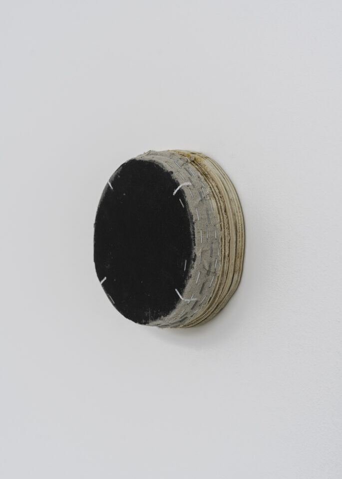 Black Circle with Four White Lines - 6” x 6 1/4” x 2 1/4” - Acrylic on linen on wood