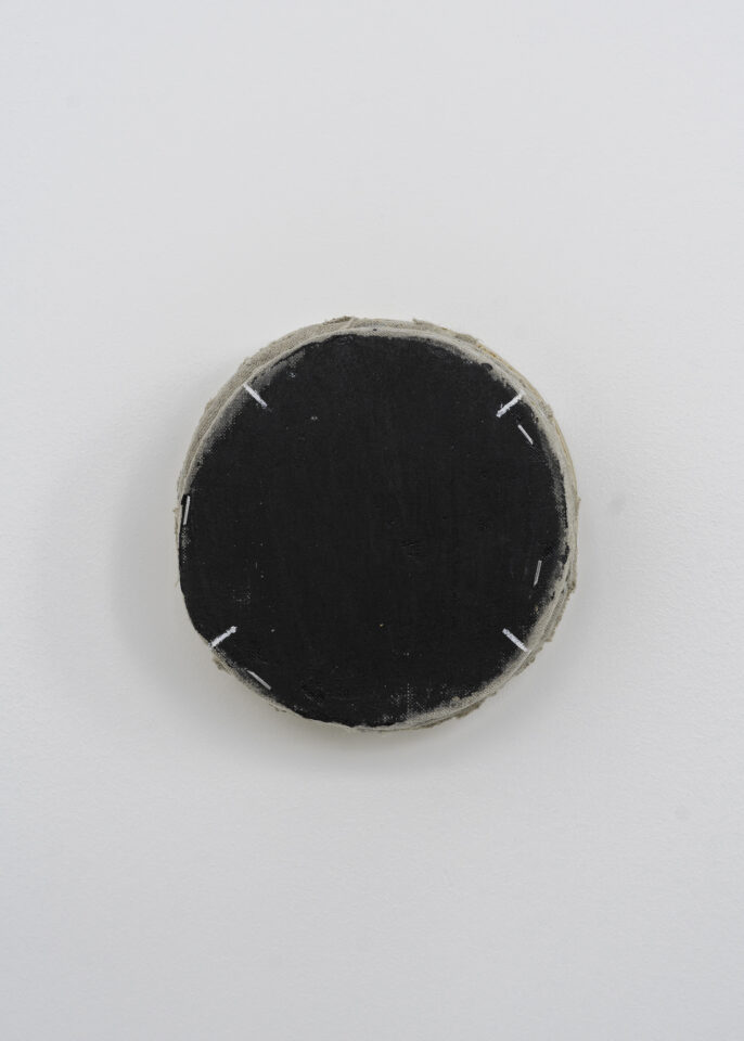 Black Circle with Four White Lines - 6” x 6 1/4” x 2 1/4” - Acrylic on linen on wood