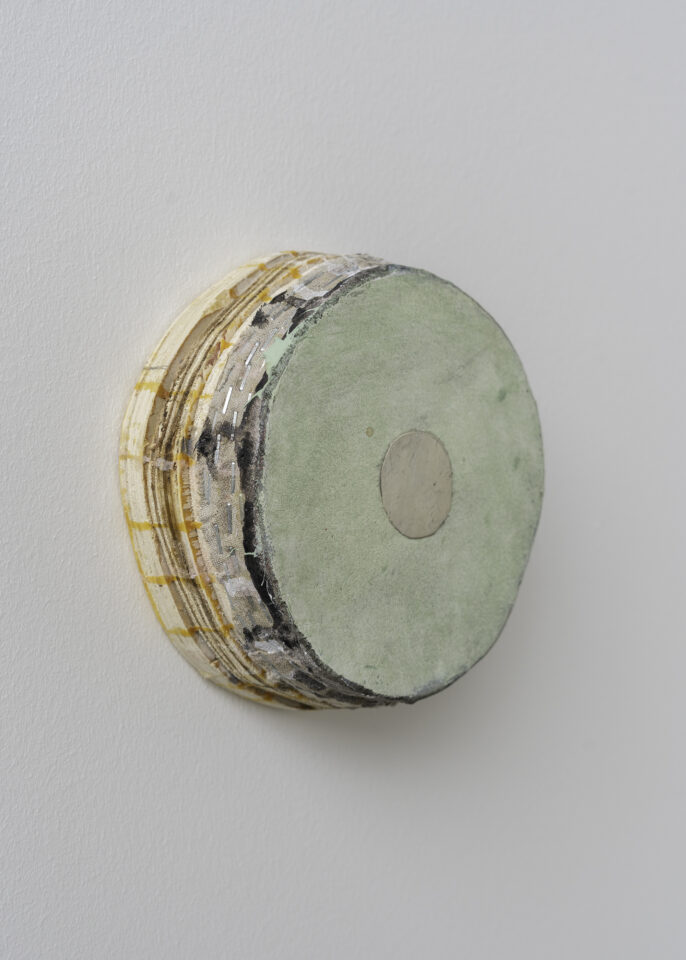 Green with Tan Circle - 7” x 6 3/4” x 3” - Acrylic on linen on wood