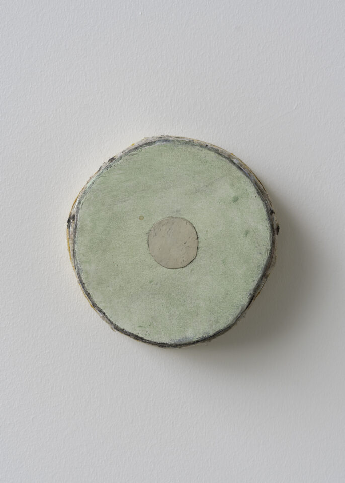 Green with Tan Circle - 7” x 6 3/4” x 3” - Acrylic on linen on wood