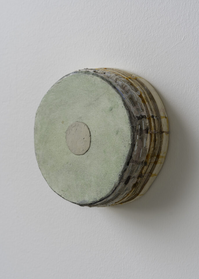 Green with Tan Circle - 7” x 6 3/4” x 3” - Acrylic on linen on wood