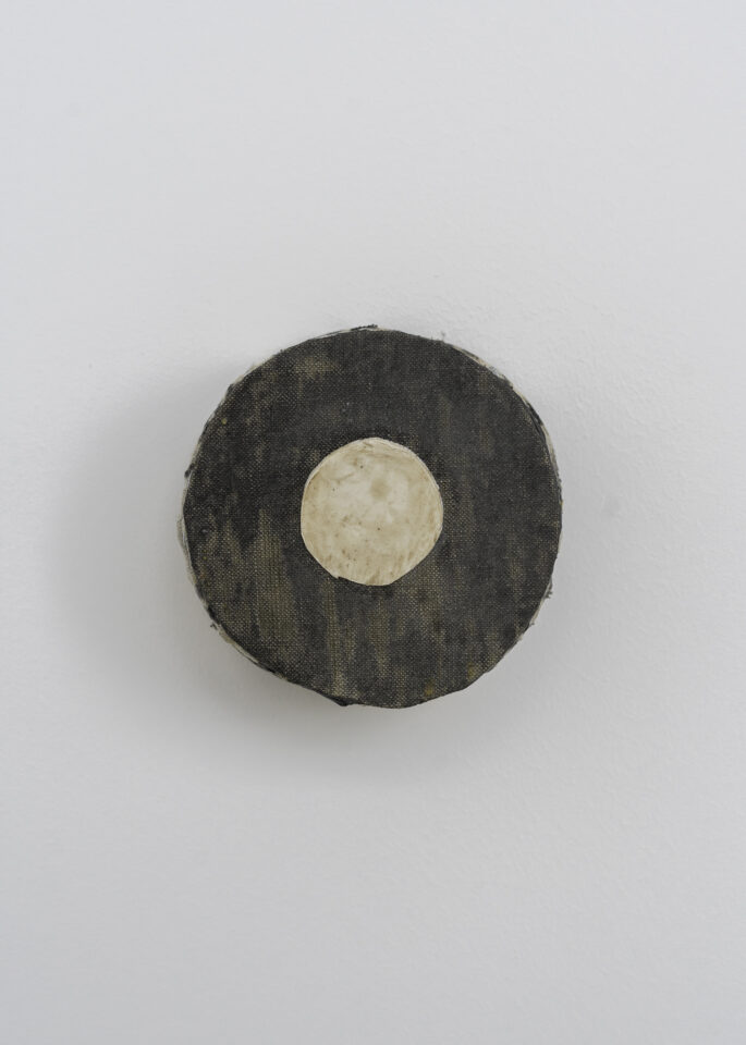 Black Circle with Dirty White Circle - 4 5/8” x 4 1/2” x 3” - Acrylic on linen on wood