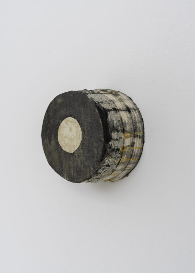 Black Circle with Dirty White Circle - 4 5/8” x 4 1/2” x 3” - Acrylic on linen on wood
