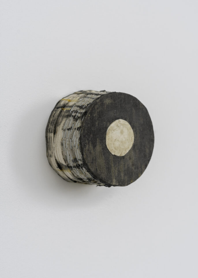 Black Circle with Dirty White Circle - 4 5/8” x 4 1/2” x 3” - Acrylic on linen on wood