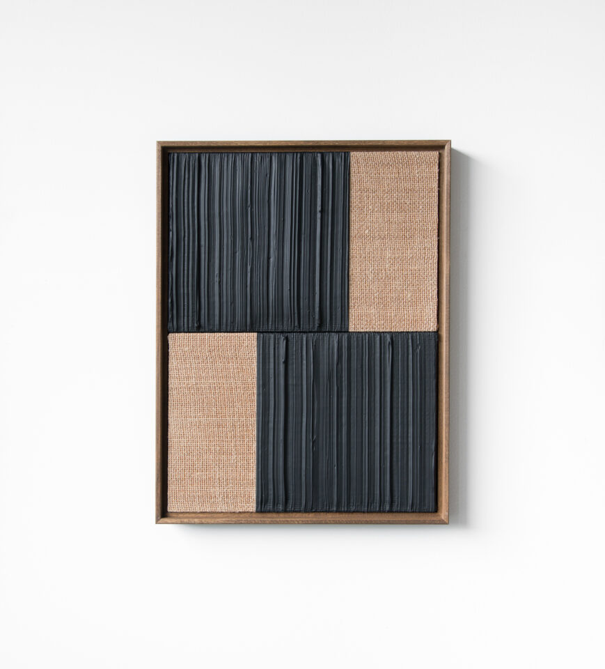 Johnny Abrahams Black-Black Acrylic on burlap over panel 2021 - 13x17 inches