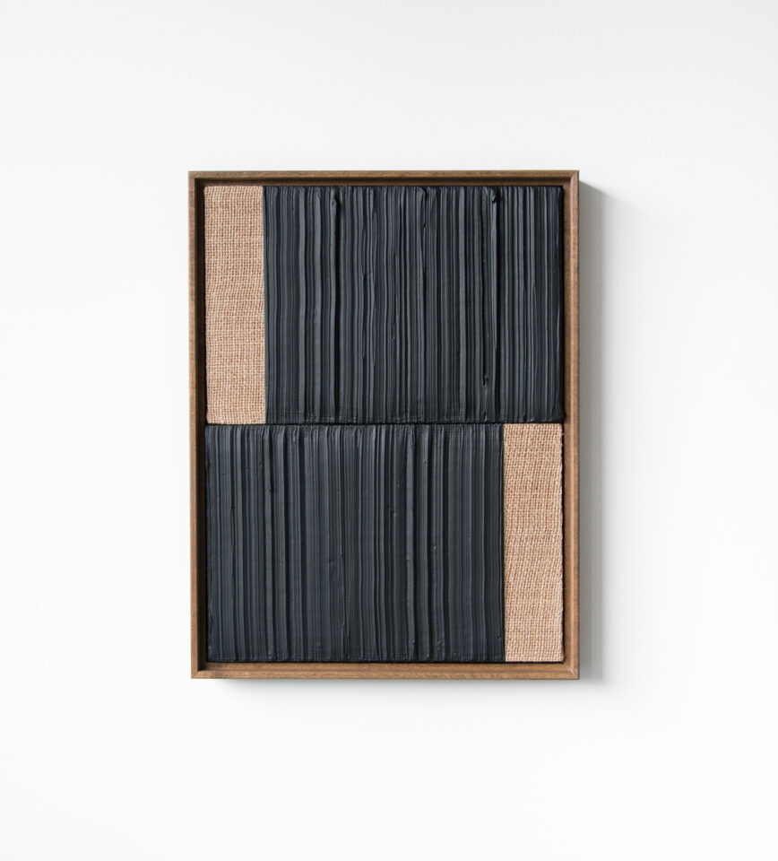 Johnny Abrahams Black-Black Acrylic on burlap over panel 2021 - 13x17 inches