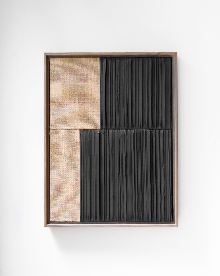 Johnny Abrahams Black-Black Acrylic on burlap over panel 2021 - 13x17 inches