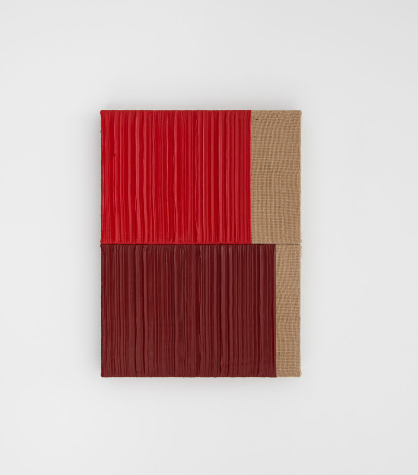 Johnny Abrahams Red-Dark Red Acrylic on burlap over panel 2021 - 12x16 inches