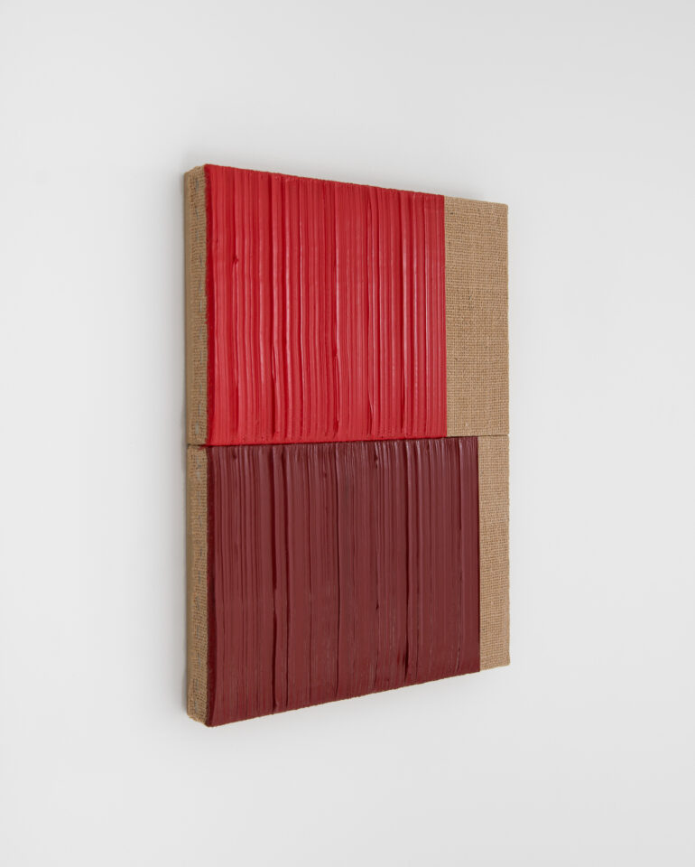 Johnny Abrahams Red-Dark Red Acrylic on burlap over panel 2021 - 12x16 inches
