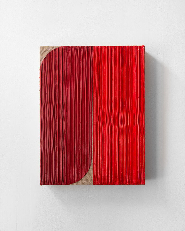 Johnny Abrahams Red Curved Acrylic on burlap over panel 2021 - 12x16 inches