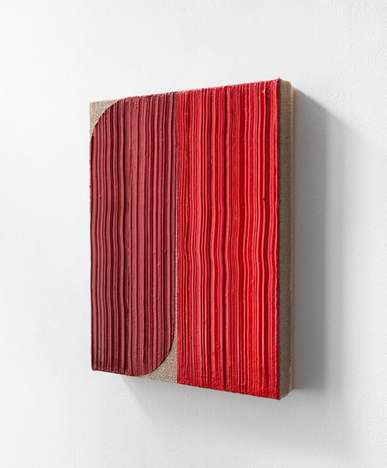Johnny Abrahams Red Curved Acrylic on burlap over panel 2021 - 12x16 inches