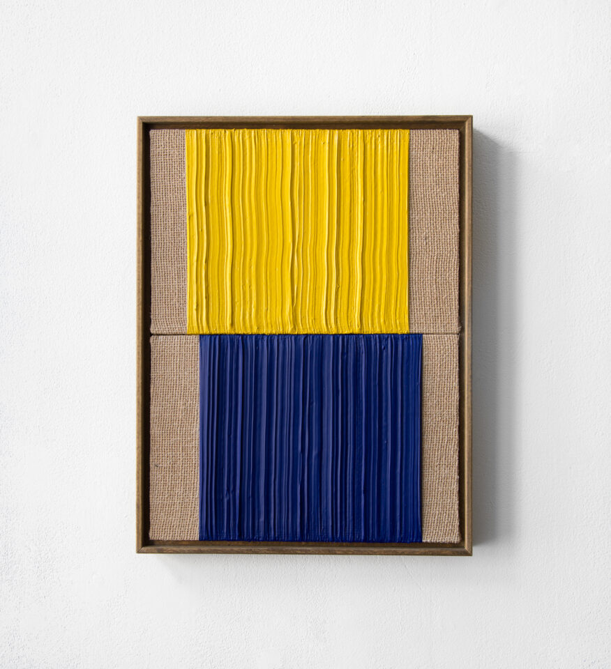 Johnny Abrahams Yellow/blue Acrylic on burlap over panel 2021 - 13x17 inches
