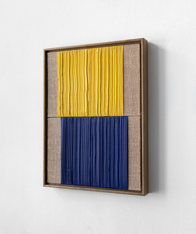 Johnny Abrahams Yellow/blue Acrylic on burlap over panel 2021 - 13x17 inches