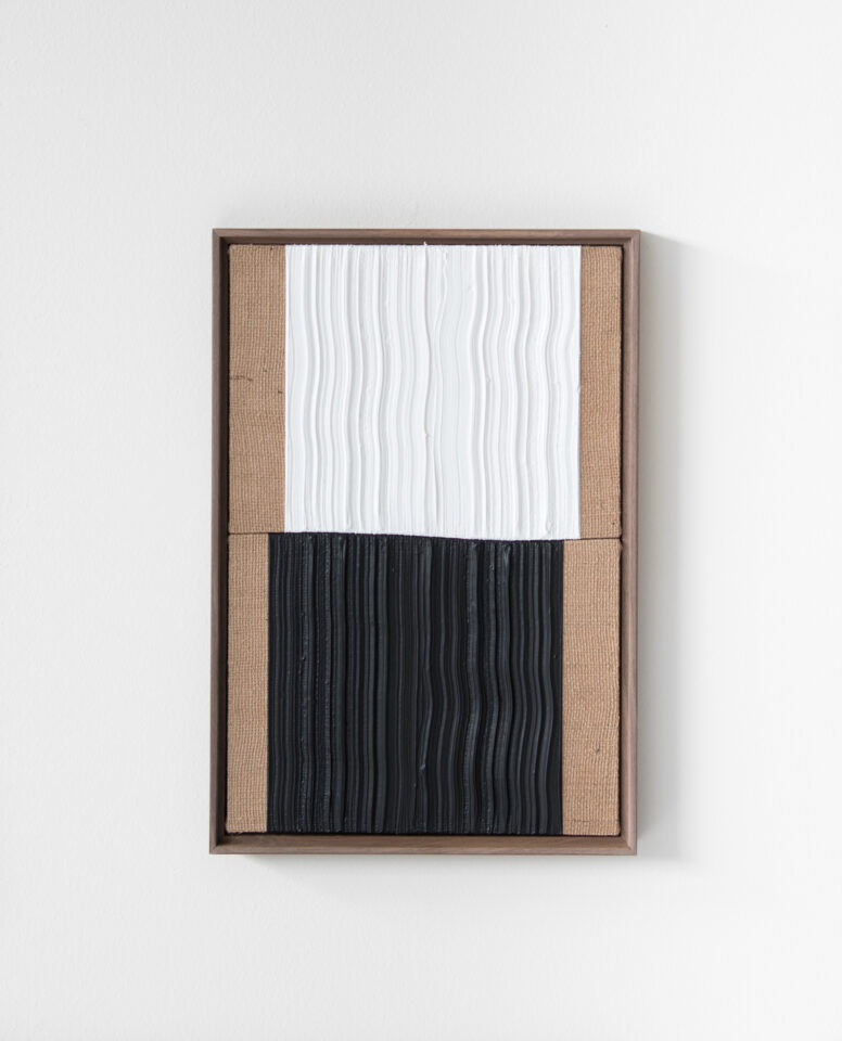 1. Johnny Abrahams White - Black Acrylic on burlap over panel 2021 - 12x18 inches