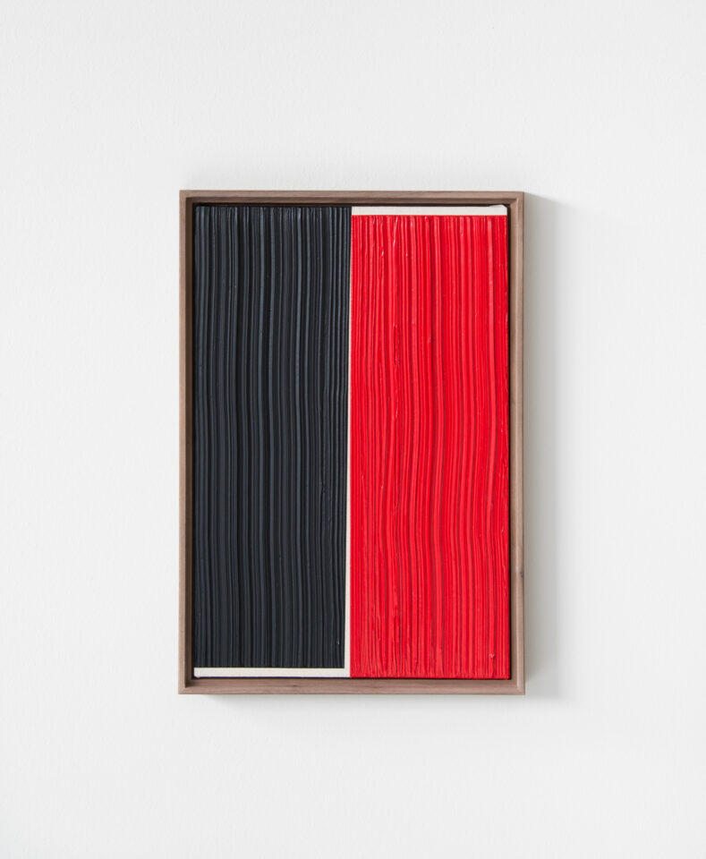 4. Johnny Abrahams - Black - Red Acrylic on burlap over panel 2021 - 12x18 inches