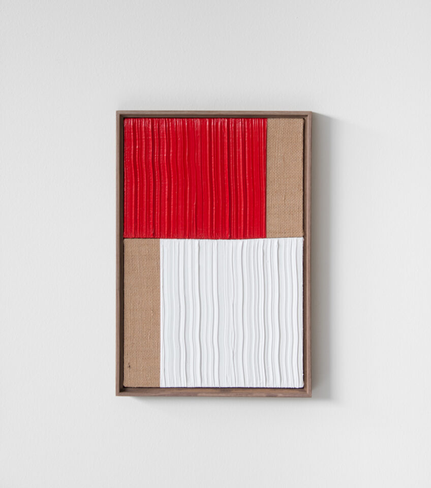 5 Johnny Abrahams - Red - White Acrylic on burlap over panel 2021 - 12x18 inches
