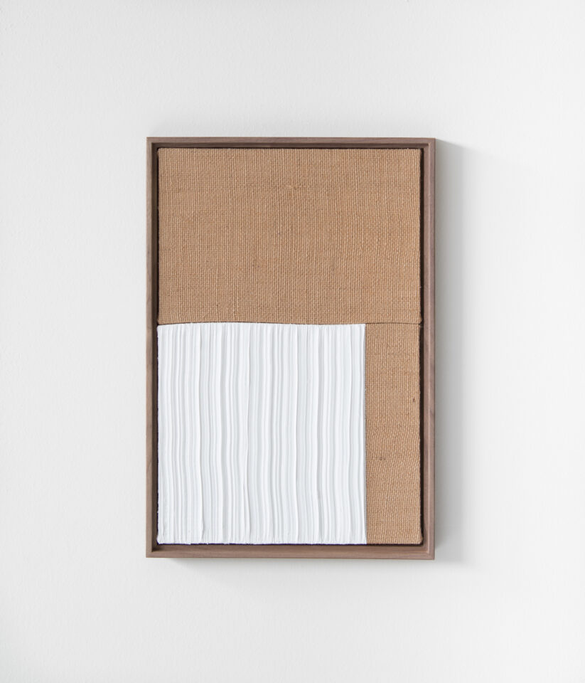 6. Johnny Abrahams - Burlap - White Acrylic on burlap over panel 2021 - 12x18 inches