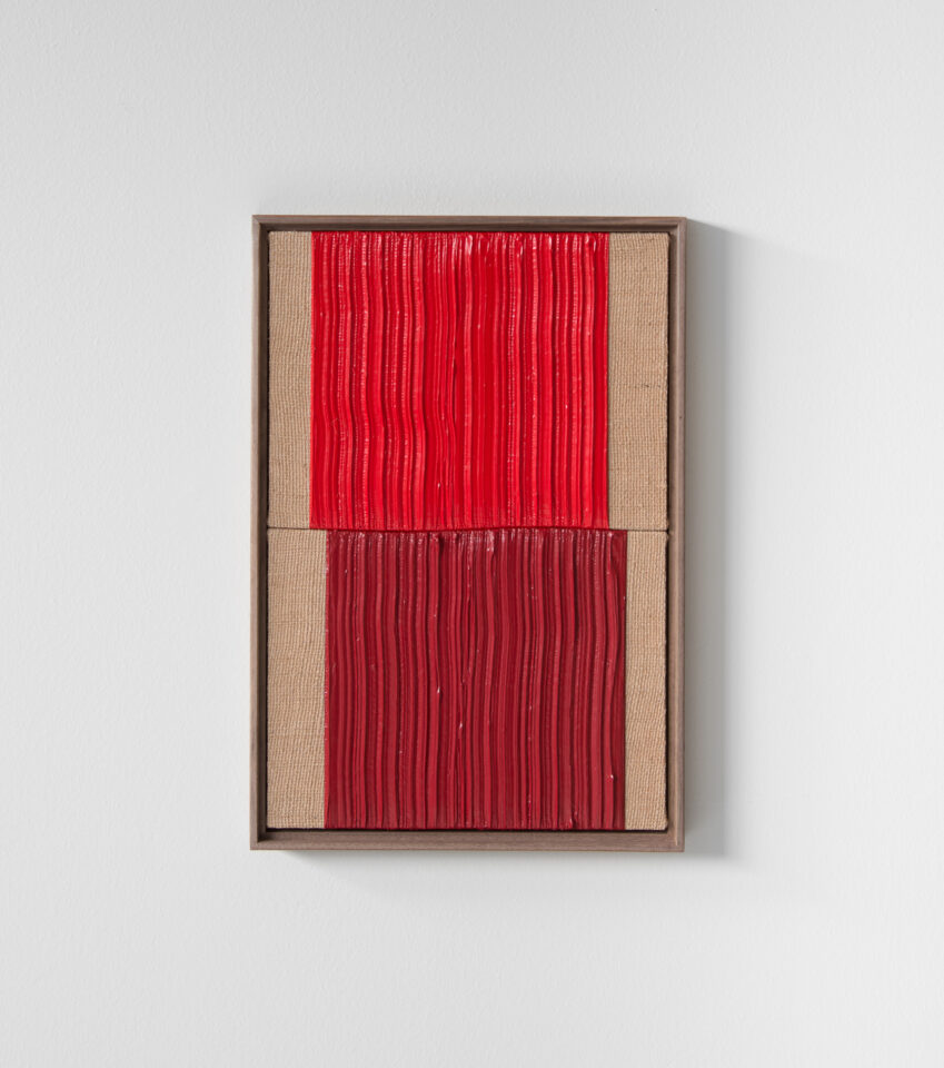 7. Johnny Abrahams - Red - Dark Red Acrylic on burlap over panel 2021 - 12x18 inches.