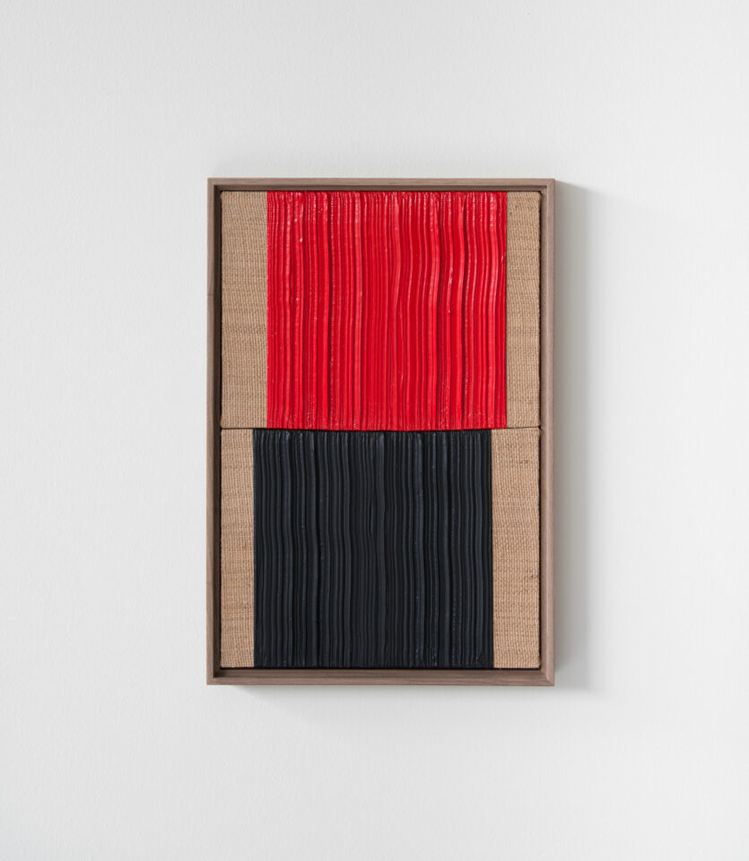8. Johnny Abrahams. Red - Black Acrylic on burlap over panel 2021 - 12x18 inches