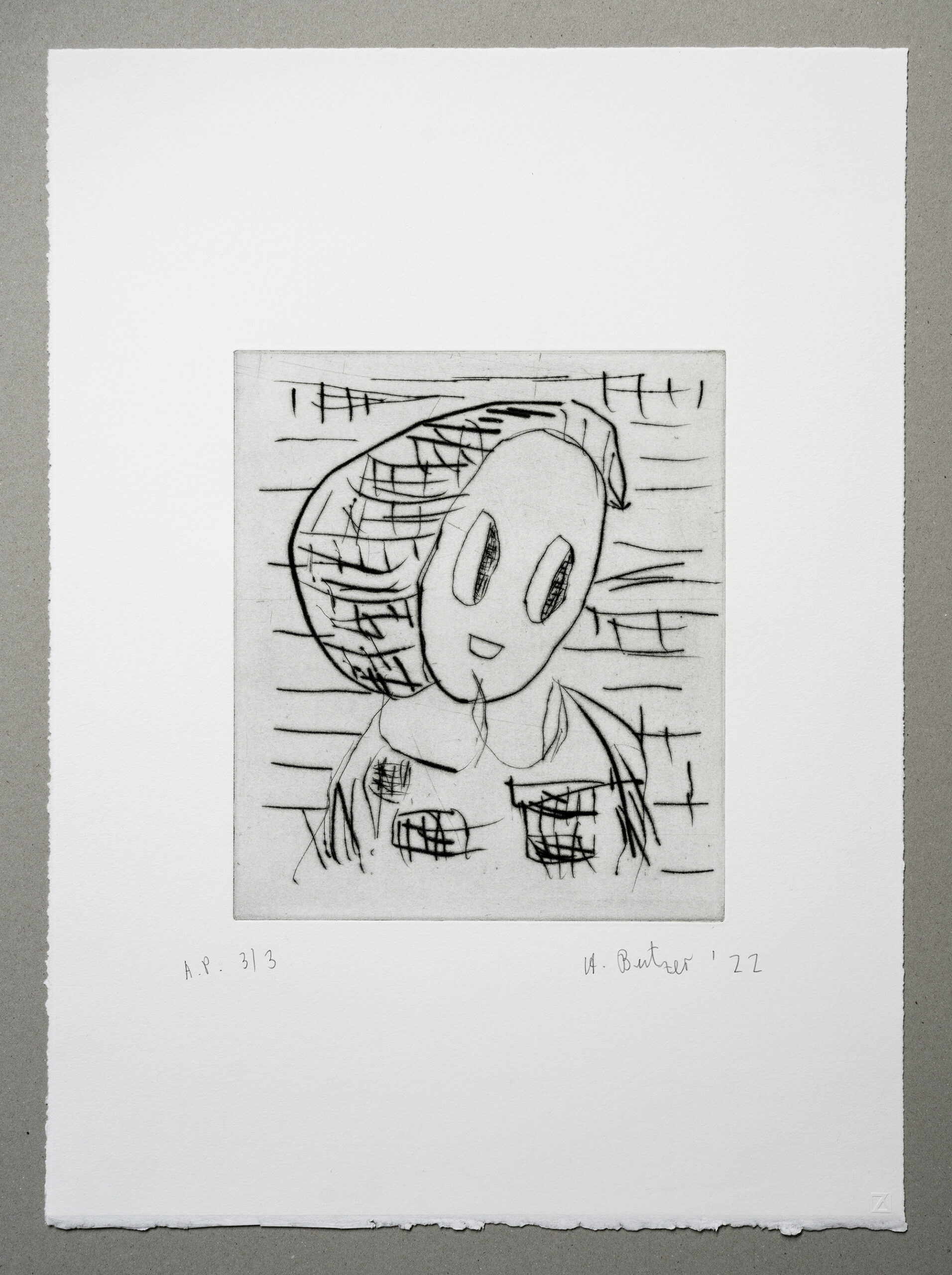 8. ANDRÉ BUTZER UNTITLED, 2022 DRYPOINT ON BFK RIVES 300 G PLATE: 30X26CM/11.8X10.2IN. PAPER: 61 X 45 CM / 24 X 17.7 IN. EDITION: 1/10 – 10/10 + 3 A.P. + 1 P.P. + 1 H.C. NUMBERED, SIGNED, DATED