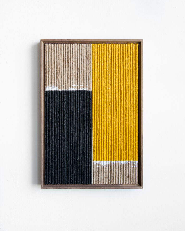 9. Johnny Abrahams Black -Yellow Untitled Acrylic and twine on canvas over panel. 2022. 18x12 inches. 45,7x30,5 cm. (walnut frame)