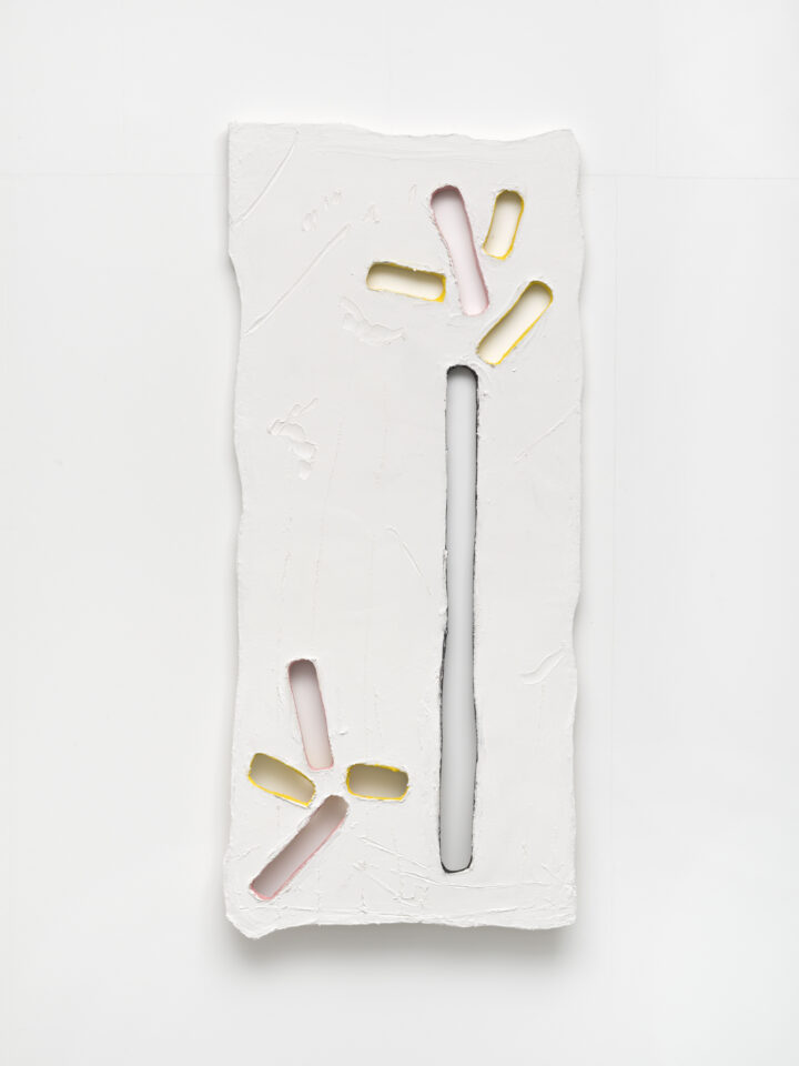 Untitled, 2022, spatula, acrylic, ink, cotton on wood 150,0 x 60,0 x 2,2 cm / 59.1 x 23.6 x 0.9 in.