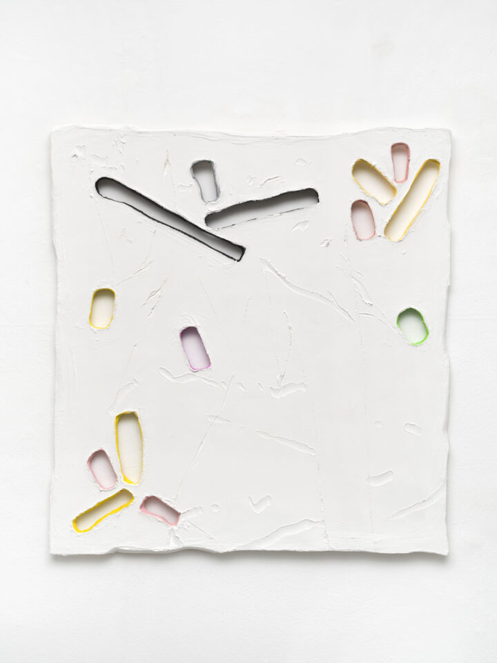 Untitled, 2022, spatula, acrylic, ink, cotton on wood, 135,0 x 125,0 x 2,2 cm / 53.1 x 49.2 x 0.9 in.