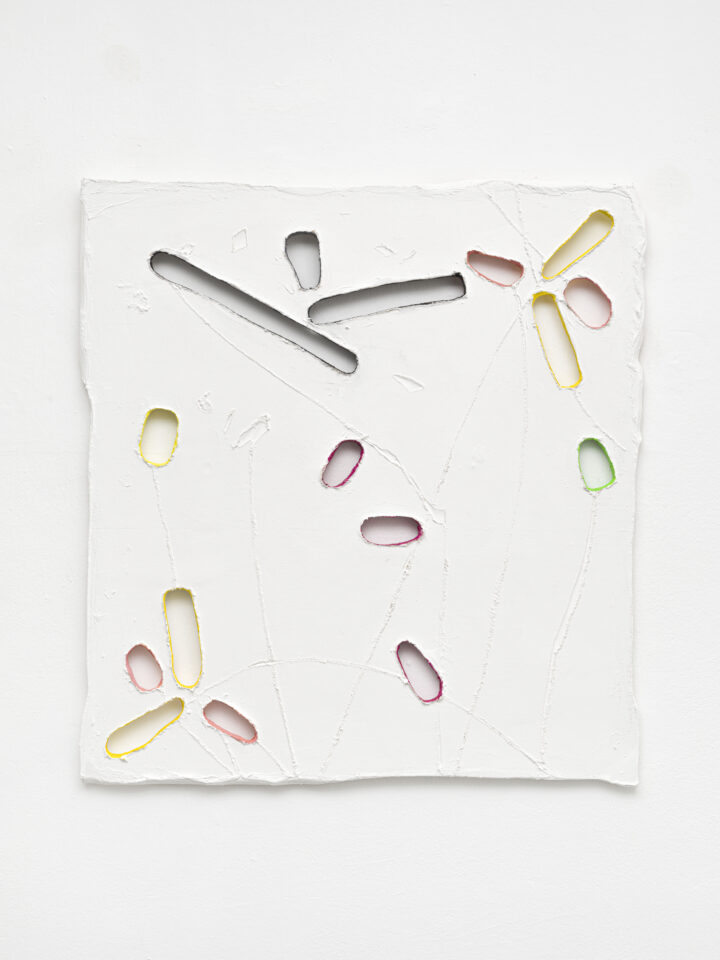 Untitled, 2022, spatula, acrylic, ink, cotton on wood, 135,0 x 125,0 x 2,2 cm / 53.1 x 49.2 x 0.9 in.