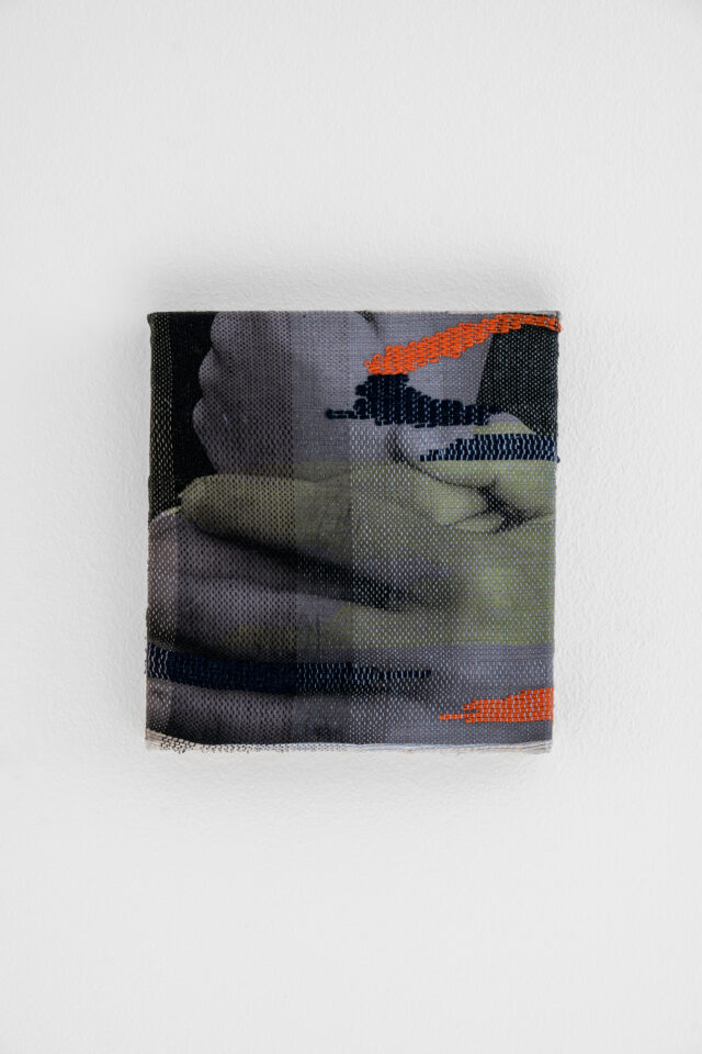 Marie Hazard - Line & Loup, 21x22.5 cm, hand woven in polyester, linen, paper, digital print, 2023