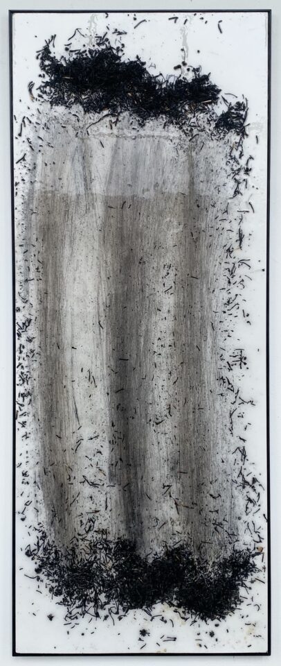 Laura Killer - Abgaben / Give offs #5, 2024 Matches, wax, epoxy resin on wood, wood frame 208,5 x 83,5 x 2,6 cm (incl. frame)