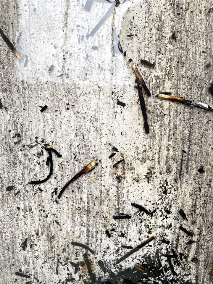Laura Killer - Abgaben / Give offs #5, 2024 Matches, wax, epoxy resin on wood, wood frame 208,5 x 83,5 x 2,6 cm (incl. frame)
