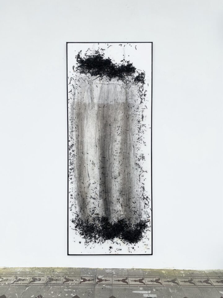 Laura Killer - Abgaben / Give offs #5, 2024 Matches, wax, epoxy resin on wood, wood frame 208,5 x 83,5 x 2,6 cm (incl. frame)