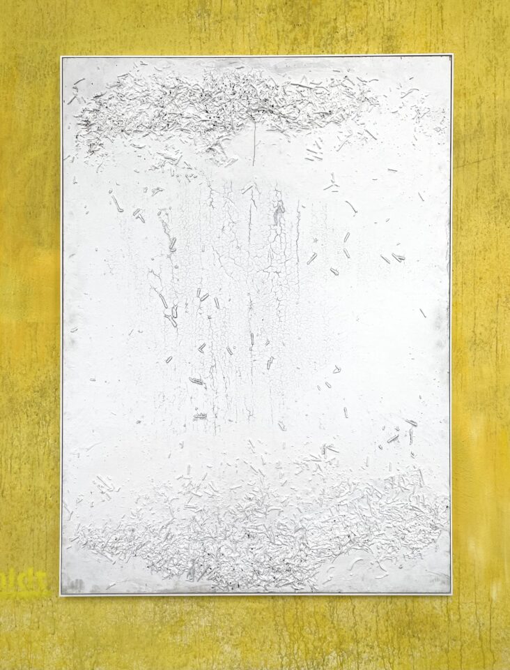 Laura Killer -Abgaben (weiss) / Give offs (white), 2023  Matches, wood glue, acryl on wood, wood frame 158 x 115 x 3 cm (incl. frame)  Serie: Feuer reinigt